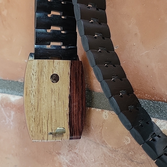 Solid wood belt with buckle geometric art inlayed wood designer belt rare item - Picture 5 of 9